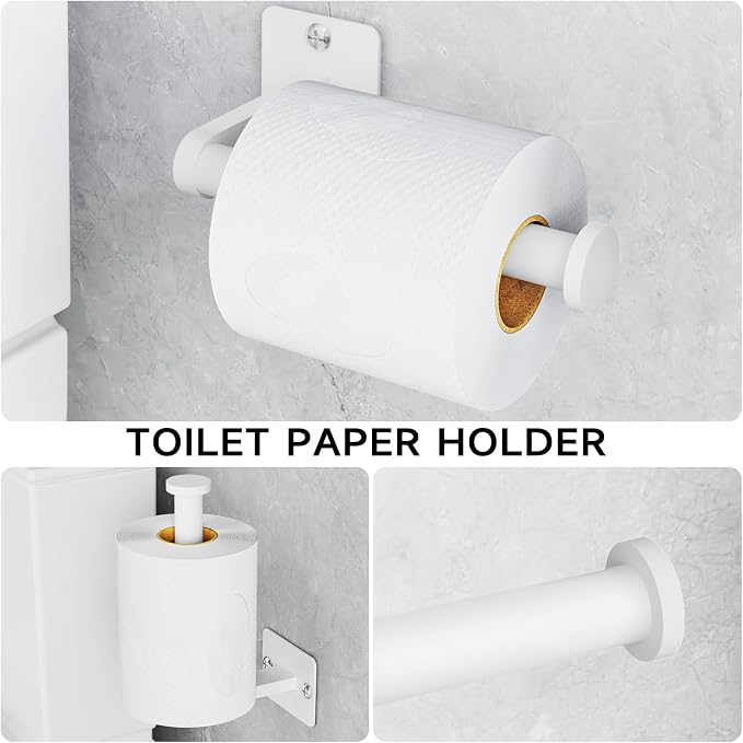 KLJKPA Bathroom Accessories Set, 4 Pieces White Bathroom Hardware Set, 24 inch Towel Bar, Towel Racks for Bathroom, Robe Towel Hooks, Toilet Paper Holder Wall Mounted