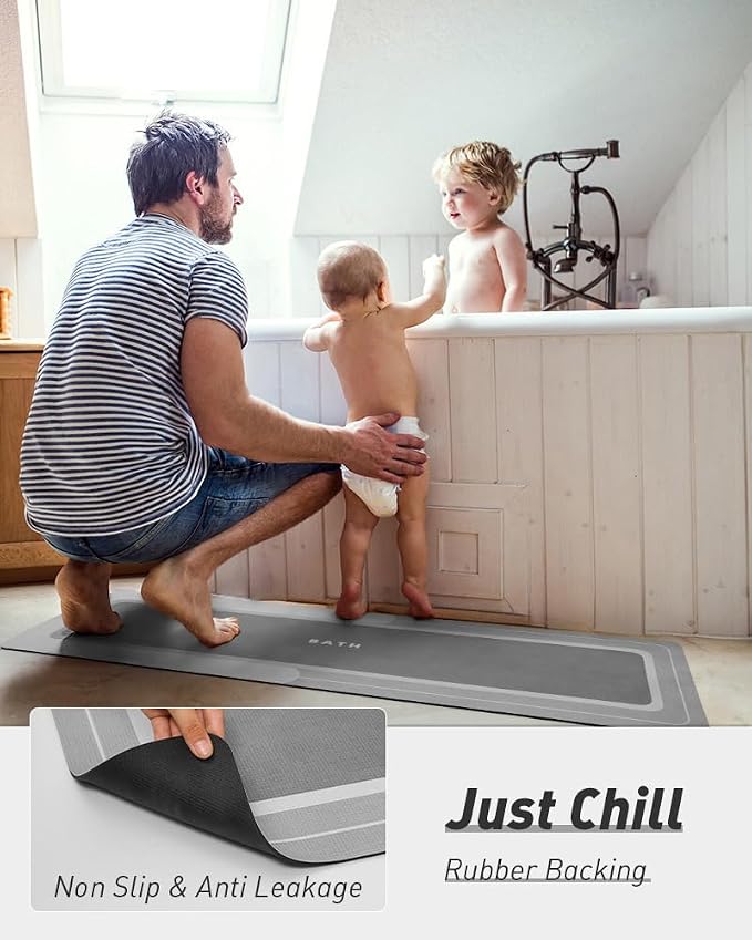 MontVoo-Bath Mat Rug Runner Long Bathroom Mat Non Slip Super Absorbent Stain Resistant Quick Dry Thin Bathroom Rug Fit Under Door-Bath Mats for Bathroom Floor Bathtub Vanity-Bathmat 17"x50" Grey