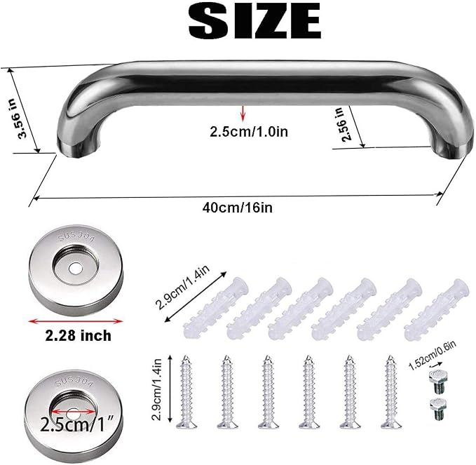 16 Inch Stainless Steel Shower Grab Bar 2 Pack, Munzong Balance Handrail Shower Bar - Bathroom, Bathtub Mounted Safety Hand Support Rail, Handicap, Elderly, Disabled, Injury, Senior Assist Bath Handle