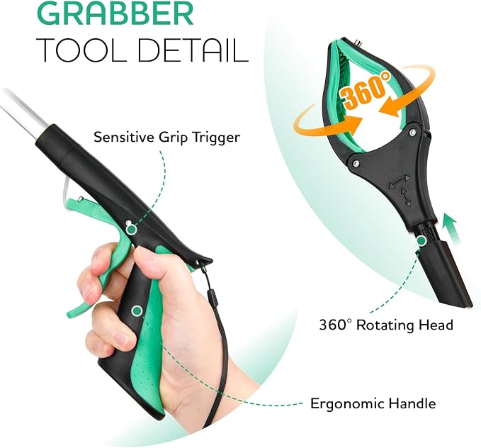 Grabber Reacher Tool,32 Inch Extra Long Foldable Pick Up Stick with Strong Grip Magnetic,360°Rotating Anti-Slip Jaw,Trash Claw Grabber Tool,Trash Picker Tool for Outdoor & Indoor (Green)