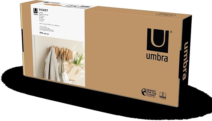 Umbra Picket Coat Rack Wall Mount – 5 Flip-Down Wood Coat Hooks, Modern & Functional Storage, Easy Install Wall Hooks, Natural