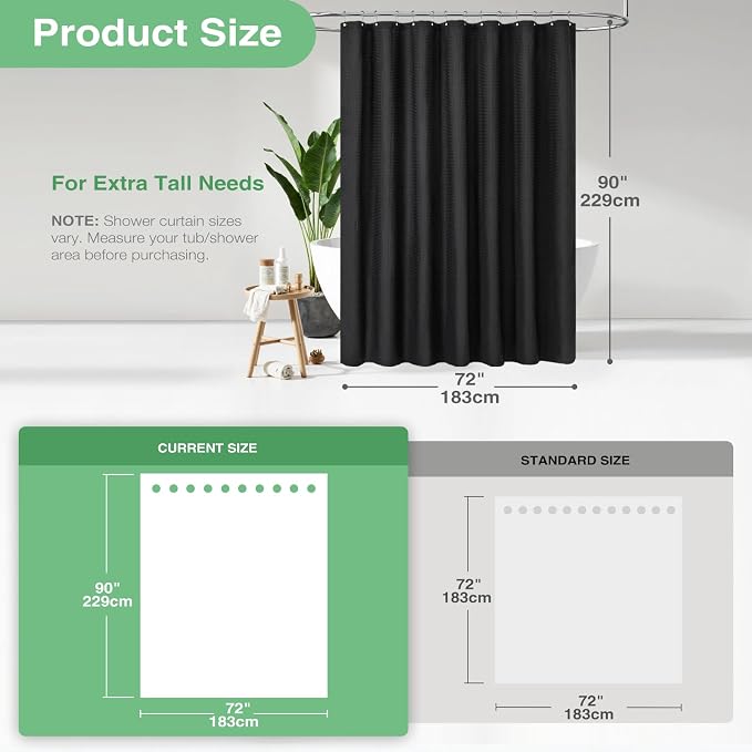 Dynamene Extra Long Fabric Shower Curtain - Waffle Weave 90 Inches Long Heavy Duty Cloth Shower Curtains for Bathroom, 256GSM Tall Hotel Luxury Bath Curtain Set with 12 Plastic Hooks(72Wx90H, Black)
