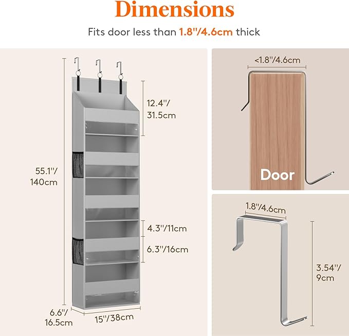 Lifewit 1 Pack Over the Door Organizer, Clear Window Hanging Storage with 4 Side Pockets, Anti Tilt 40 lbs Load Behind Door for Pantry, Nursery, Bathroom, Bedroom, Dorm, 5 Section, Gray