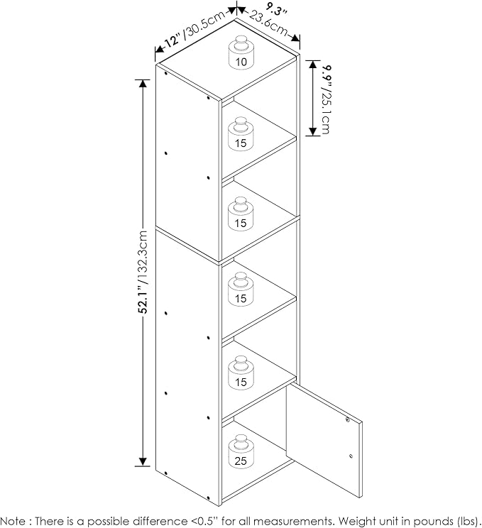 Furinno LUDER Book Shelf, 5-Tier Modern Bookshelf, Bookcase with 1 Door Storage Cabinet, 9.3 x 12 x 52, for Organization and Storage, for Living Room, Bedroom, Home Office, Blackwood