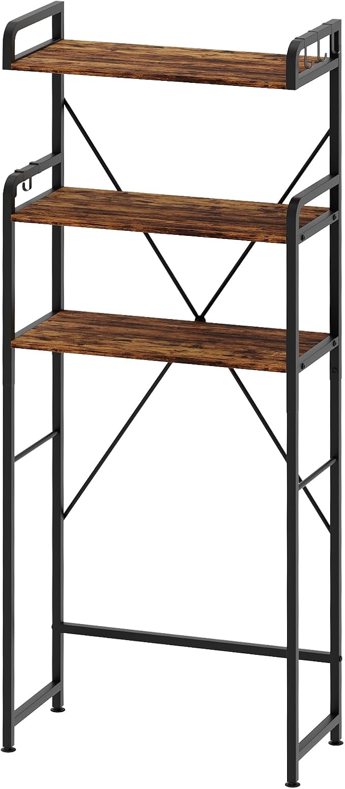 Over The Toilet Storage Cabinet, 3-Tier Bathroom Organizers and Storage with Hooks, Freestanding Shelf Toilet Rack, Small Bathroom Laundry Space Saver with Towel Rack & Toilet Paper Holder(Brown)