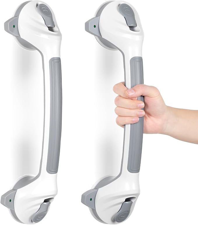 KVANT Shower Grab Bars for Seniors, 16.5 Inch Shower Handle (Gray White) | Safety Signal Indicators, Strong Suction Cup, Easy Installation, No Drill, Removable, Anti-Slip, Waterproof