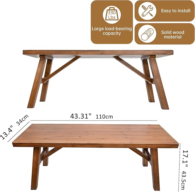 Handcrafted Solid Wood Bench, 43" - Farmhouse-Style Entryway Seating for Living & Dining Room, Rustic Design, Natural Finish