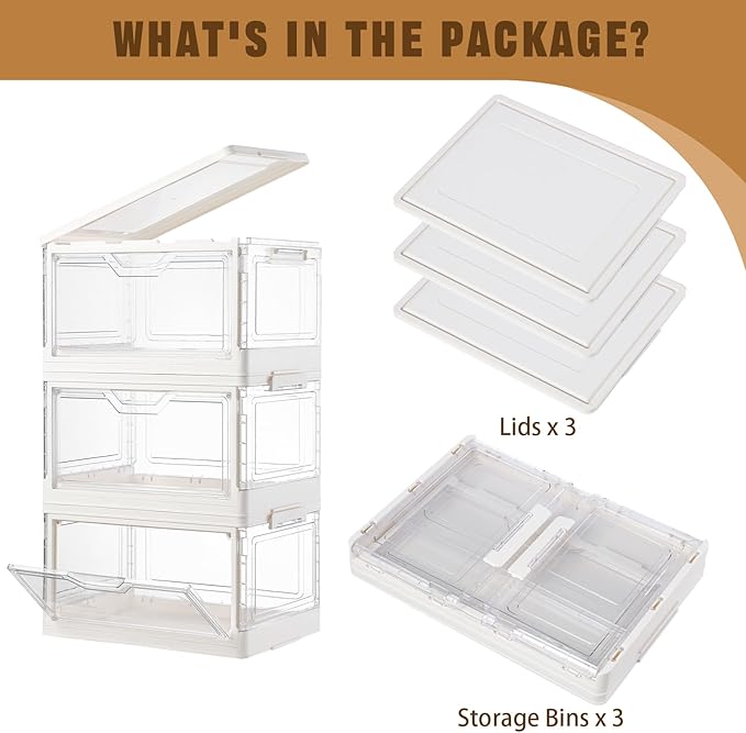Freebat Stackable Plastic Storage Bins with Lids, Foldable Closet Organizers and Storage, 3 Drawer Storage Organizer，Clear Stackable Containers for Wardrobe,Bedroom,Office,Dorm
