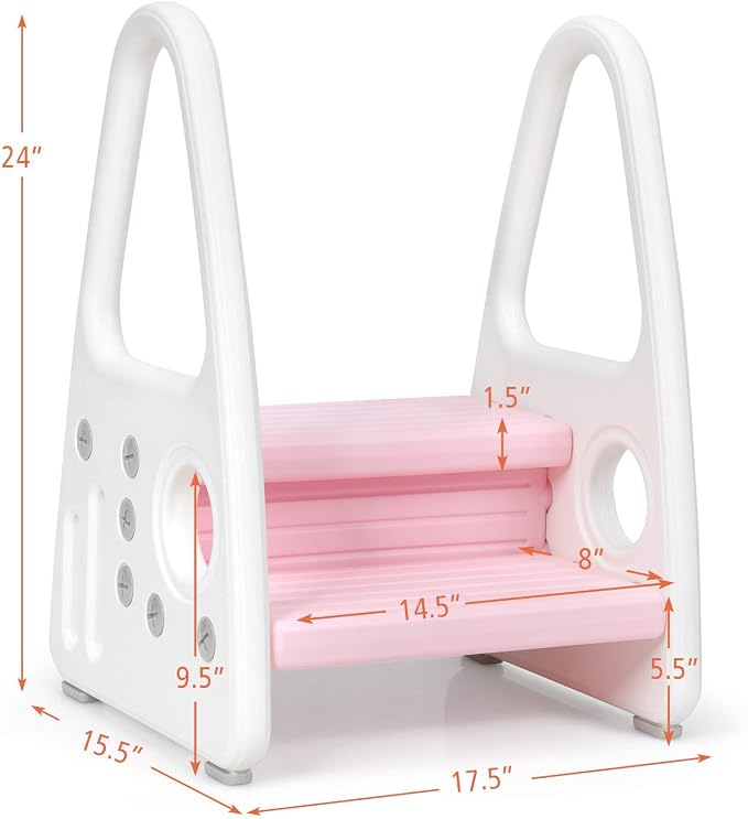 Costzon Kids Step Stool, Toddler Step Ladder for Toilet Potty Training, Kitchen Counter, Bathroom, Two Step Tower w/Non-Slip Design, Safety Handles, 110 Lbs Weight Capacity (Pink)