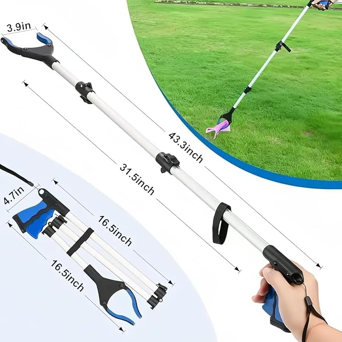 43" Grabber Reacher Tool, Foldable Reacher Grabber Pickup Tool with 360° Rotating Jaw & Magnets, Extra Long Trash Picker Upper Grabber, Lightweight Grabbers for Seniors (Blue)