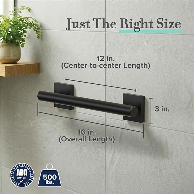 Gatco 940MX Elevate 12" L Grab Bar, Matte Black/ADA Compliant Stainless Steel Safety Grab Bar for Bathroom
