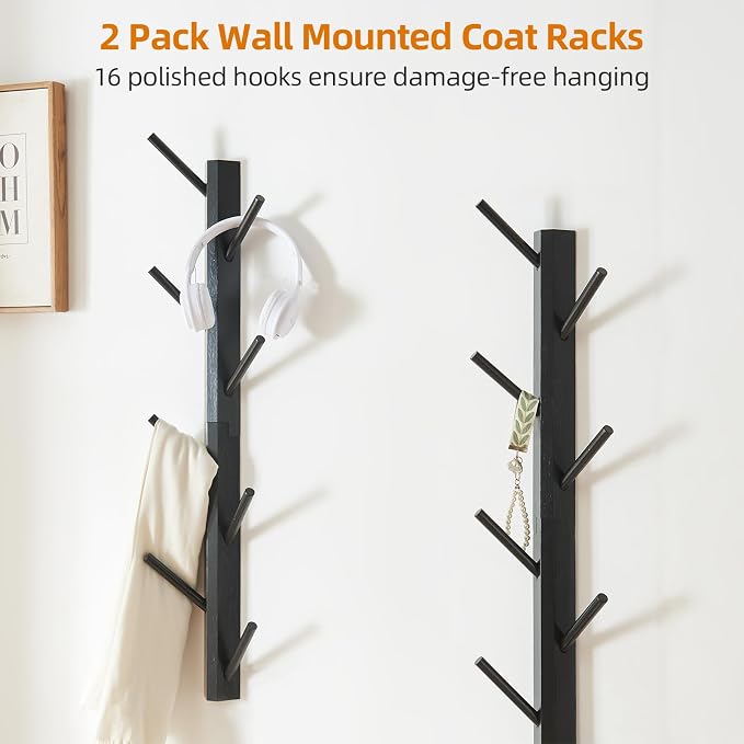 TIOPGHAD 2 Pack Coat Rack Vertical Wall Mount, Bamboo Coats Hooks Clothes Holder Hanger for Wall Coat Hat Jacket Clothing Bathroom Robes Mudroom Entryway(Black)