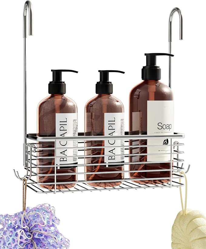 Over Door Shower Caddy, Stainless Steel Bathroom Organizer with Rotating Hooks, Hanging Storage Basket for Shampoo