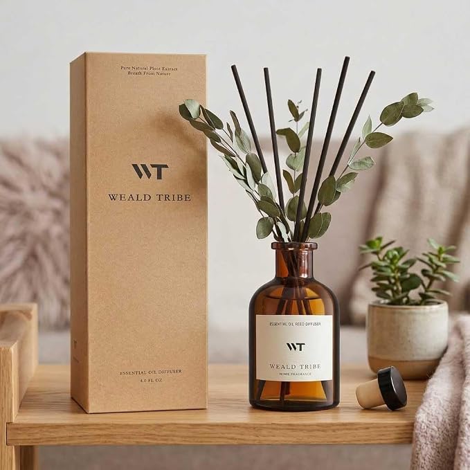 WEALD TRIBE Reed Diffuser Set for Bathroom Air Fresheners, Oil Diffuser Sticks with Flower | Eucalyptus & Mint Scent 4.0 fl oz Home Fragrance with Sticks Defusers | House Bedroom Office Shelf Decor