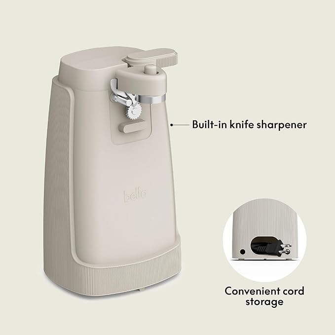 bella Electric Can Opener and Knife Sharpener, Removable Cutting Lever, Cord Storage, Stainless Steel Blade, Oatmilk