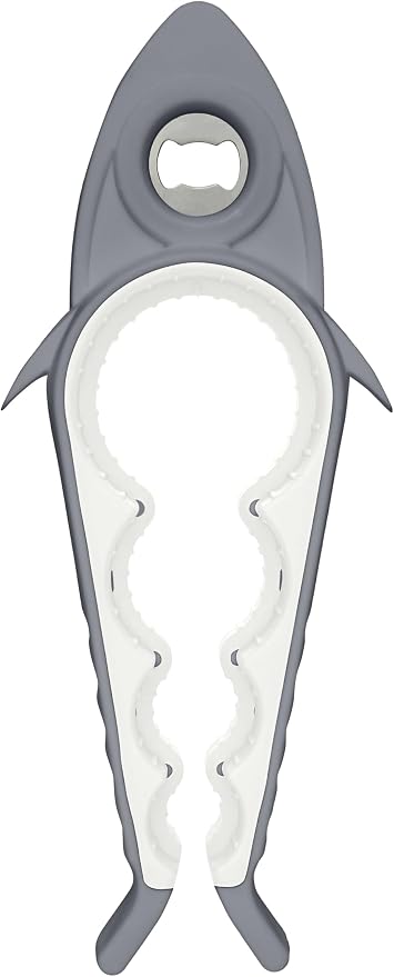 Jar Opener Bottle Opener for Arthritis, 5-in-1 Multifunctional Jar Opener, Easy to Use for Seniors and Weak Hands, Shark Shape Kitchen Gadget for jar, Beer and Bottle (Grey and White)