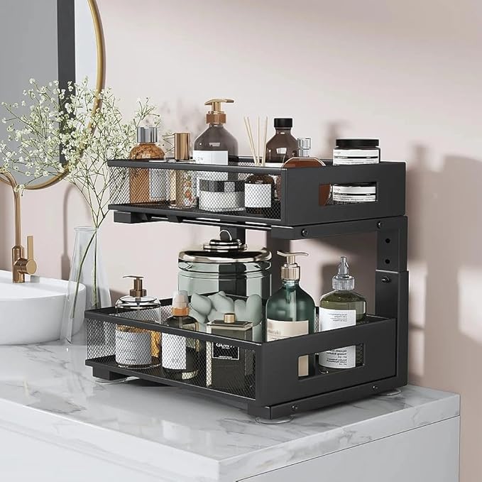 Under Sink Organizer, 2-Tier Dual Pull Out Cabinet Organizer Drawers With Smooth Circular Rail, Large Capacity Metal Mesh Sliding Shelves For Bathroom& Kitchen Storage,Height Adjustable–Black,1 Pack