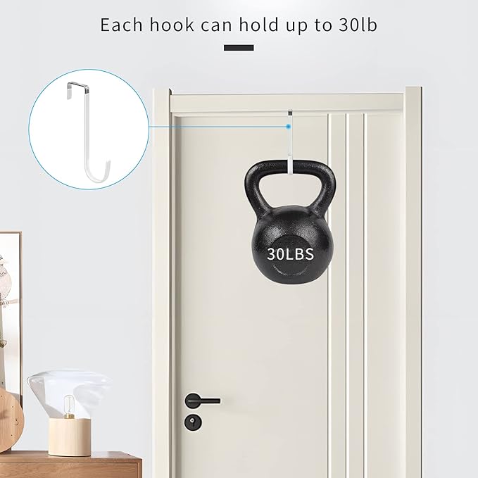 FYY Over the Door Hooks, 6 Pack Upgraded Long Door Hangers Hooks with Rubber Prevent Scratches Heavy Duty Organizer Hooks for Hanging Clothes, Towels, Hats, Coats, Bags White