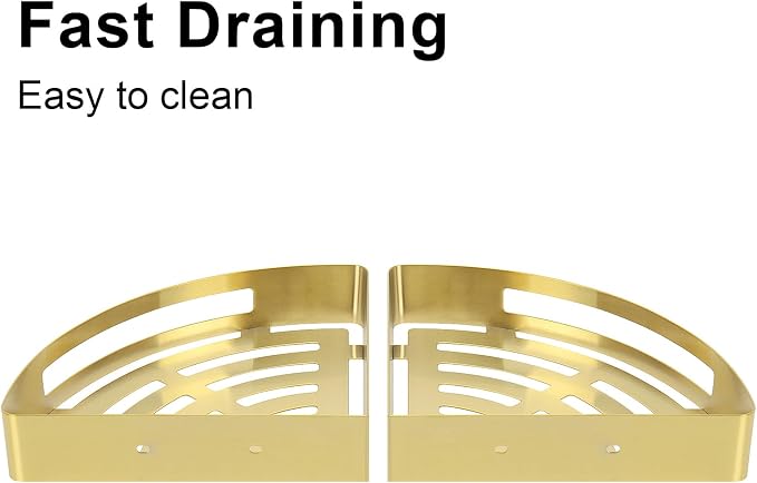 NearMoon Bathroom Shower Caddy 2 Pack, 304 Stainless Steel Shower Organizer with 2 Hooks, No Drill (Corner Shelf, Gold)