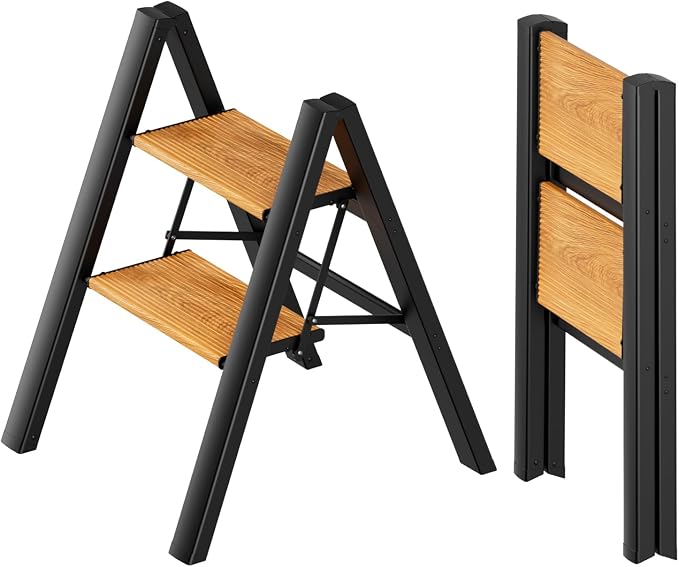 SOLADDER 2 Step Ladder, Anti-Slip and Lightweight Foldable Step Stool for Adults to Use in Kitchen, Closet and Library, 300lbs(Black&Woodgrain)