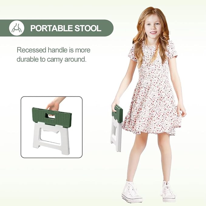 9'' Folding Step Stools for Kids and Adults, Hold Up to 300 lbs, Portable Foldable Step Stool for Toddlers, Plastic Small Collapsible Stepping Stools with Handle for Kitchen Bathroom (Green)
