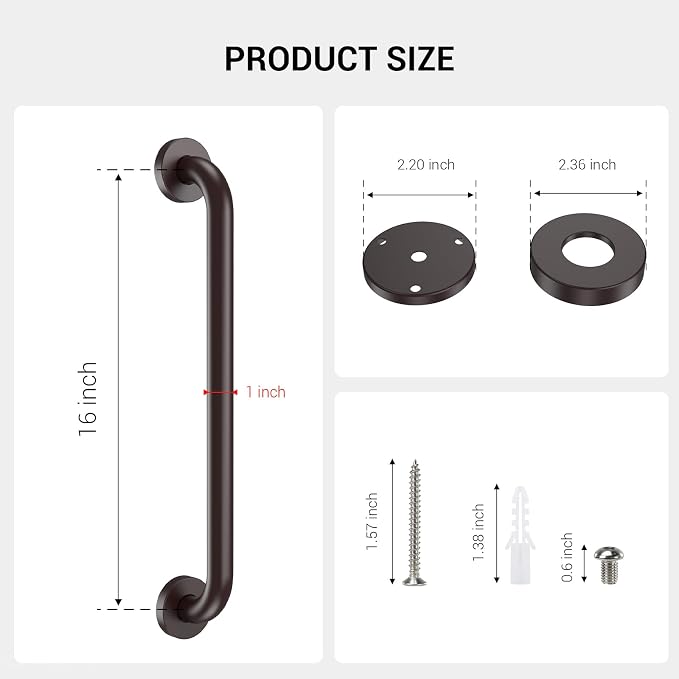 2 Pack 16 Inch Grab Bars for Wall Oil Brown, Safety Shower Grab Bars for Seniors Elderly Handicapped, Handicap Grab Bars for Shower with Concealed Screws, Tesuchan