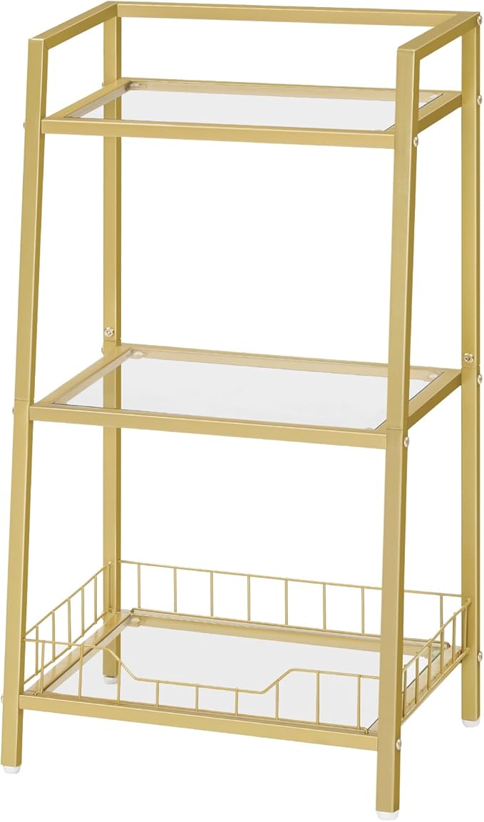 HOOBRO Gold Glass Shelf Stand, 3 Tier Standing Shelf Unit, Bathroom Organizer and Storage, Floor Storage Shelves Waterproof, for Bathroom, Laundry, Toilet, Tempered Glass, Gold GD77CJ01