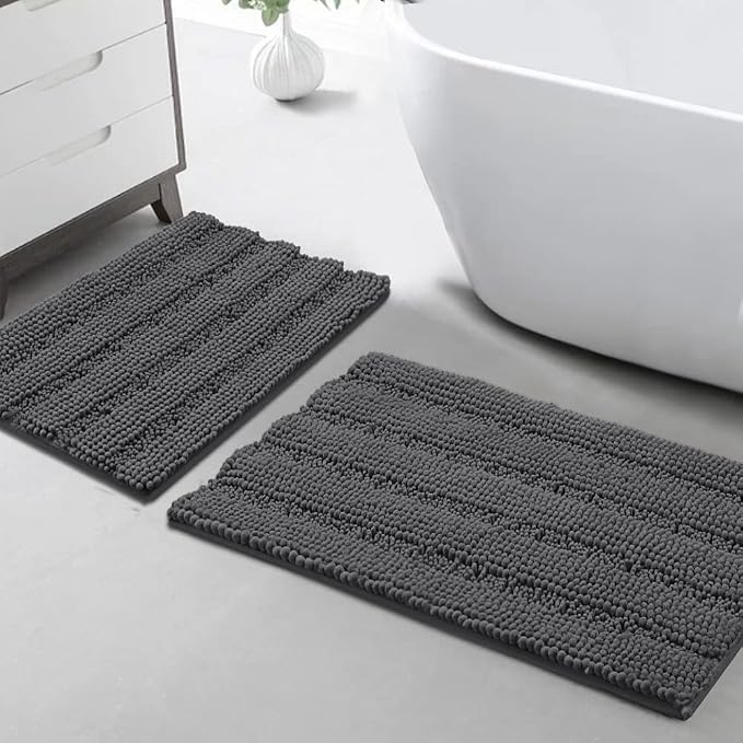 Turquoize Chenille Bathroom Rugs Set Non-Slip Bath Mats for Bathroom Extra Soft and Absorbent Shaggy Bath Mats for Bath Room Floor Indoor Mat for Kitchen/Entryway (20" x 32" and 17" x 24"), Gray