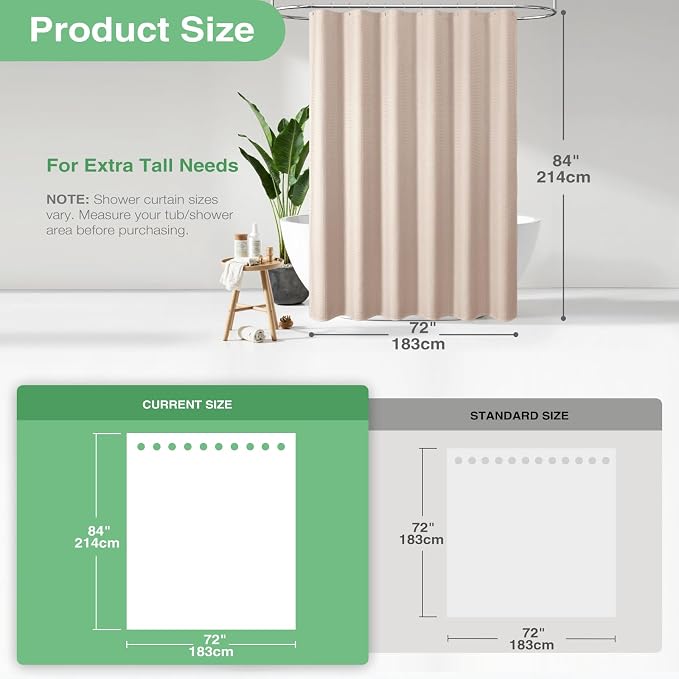 Dynamene Extra Long Shower Curtain - 84 Inch Long Waffle Weave Heavy Duty Fabric Bathroom Shower Curtain, Neutral Weighted Hotel Thick Bath Curtain Set with 12 Plastic Hooks,72x84, Blush Pink