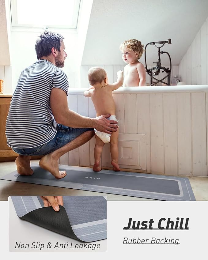 MontVoo-Bath Mat Rug Runner Long Bathroom Mat Non Slip Super Absorbent Stain Resistant Quick Dry Thin Bathroom Rug Fit Under Door-Bath Mats for Bathroom Floor Bathtub Vanity-Bathmat 17"x50" Blue