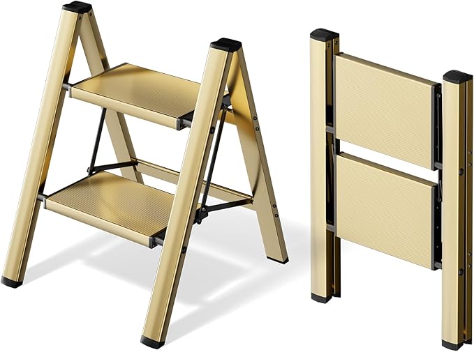 HillhutApex 2 Step Ladder, Lightweight Portable 2 Step Stool with Anti-Slip Wide Pedal,330lbs Capacity Aluminum Ladder for Household,Office,Library(Gold)