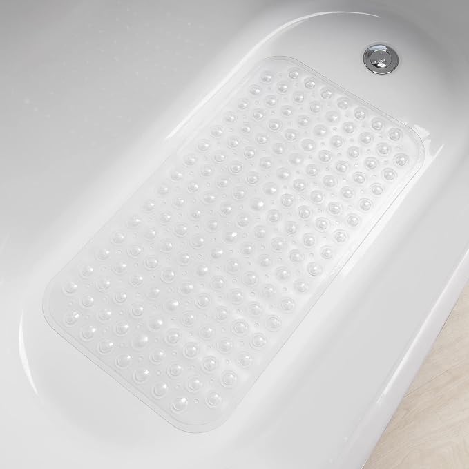 AmazerBath Bath Tub Mat, Medium Size 27.6 x 15 Inches Non-Slip Shower Mats with Suction Cups and Drain Holes, Bathroom Bathtub Mats Machine Washable (Clear)