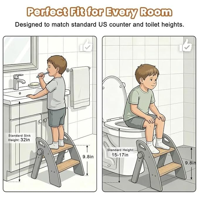 Wooden 2 Step Stool for Toddlers, Foldable 2-Step with Non-Slip Pads and Handles, Bamboo Step Stool for Kids Bathroom Sink and Potty Training, Kitchen Helper, Nursery Bedroom (Log Color)