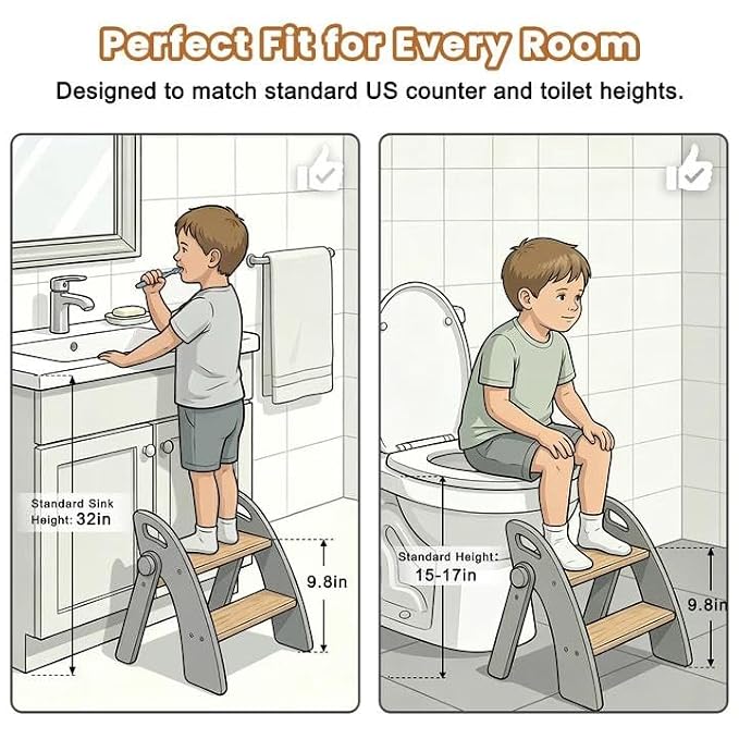 Wooden 2 Step Stool for Toddlers, Foldable 2-Step with Non-Slip Pads and Handles, Bamboo Step Stool for Kids Bathroom Sink and Potty Training, Kitchen Helper, Nursery Bedroom (Green)