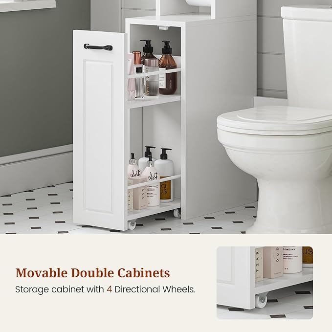 UPOSOJA Over The Toilet Storage Cabinet with Pulley Small Bathroom Storage Cabinet, Space Saver W/Adjustable Shelf & Towel Rack for Bathroom, Restroom, Laundry (White-Type B)