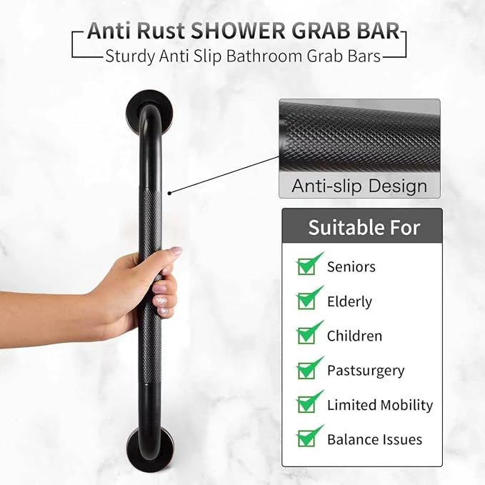16" Shower Grab Bar, Oil Rubbed Bronze Finish, Stainless Steel Bathroom Safety Bar with Non-Slip Knurled Handle, Heavy Duty Handrail for Elderly or Disabled (1" Diameter)