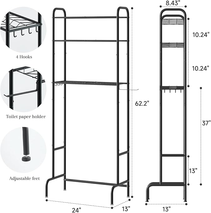 STDDRE 3-Tier Over The Toilet Storage Space Saver with Paper Holder Freestanding Rack Metal Bathroom Shelves with Hooks Above The Toilet Storage Shelf (Black, 3 Tier)