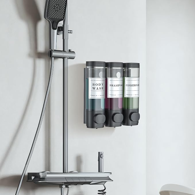 Shampoo and Conditioner Dispenser Shower Dispenser Body Wash Wall Mounted Shampoo Dispenser for Shower Wall No Drill for Bathroom Hotel 3 Chamber x 300ml Black with Waterproof Labels