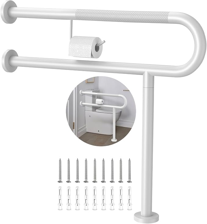 Toilet Grab Bar with Leg 31.5x28 Inch, ZUEXT White Knurled Toilet Support Bar with Toilet Paper Holder,Stainless Steel Wall & Floor Mounted Bathroom Support Rail for Seniors Elderly Disabled Pregnant