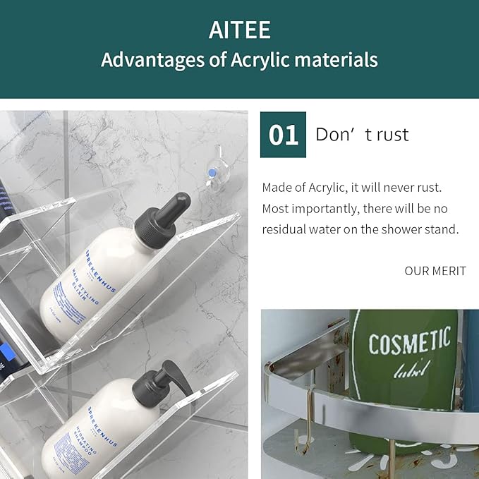 AITEE Acrylic Shower Caddy Organizer for Bathroom, Clear Shampoo Holder Organizer Shelf Wall Mounted, No Drilling and Rustproof, Sturdy and Durable