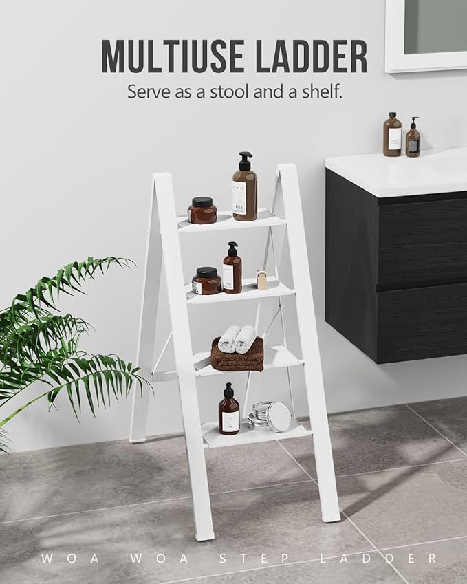 WOA WOA 4 Step Ladder, Foldable Step Stool, Aluminum Lightweight Ladder for Home Kitchen Closet, Anti-Slip Pedals, Ease of Folding, Portable, 300lbs Capacity - White
