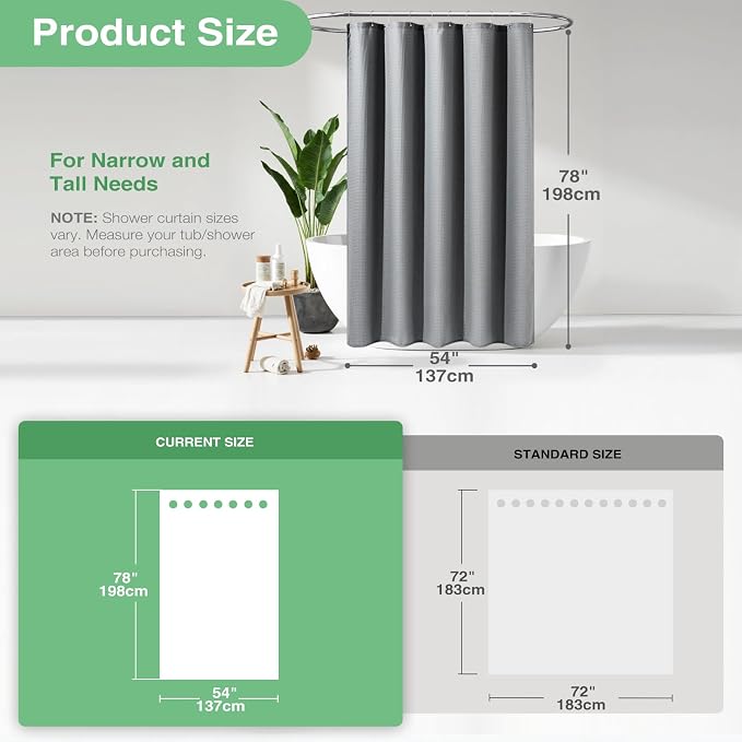 Dynamene Stall Fabric Shower Curtain - 54x78 inch Long Waffle Weave Weighted Thick Cloth Shower Curtains for Bathroom,Neutral Heavy Duty Hotel Spa Luxury Bath Curtain Set with 10 Hooks, Grey/Gray
