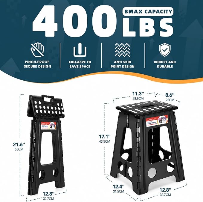 ACSTEP Folding Step Stool 17.5 Inch Heavy Duty Step Stool Foldable for Adults and Kids, Collapsible Stepping Stool with Handle, Non Slip Folding Stools for Kitchen Hold Up to 400lbs (Black 1PC)