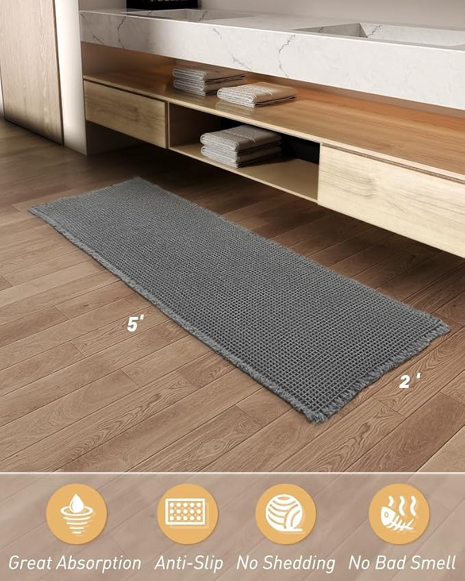 Upgraded Waffle Runner Rug, Super Absorbent Non Slip Bath Mats for Bathroom Floor, Washable Bathroom Runner Rug with Tassels, Ideal for Hallway Bedroom Laundry Room, Dark Grey, 2'x 5'(24" x 60")
