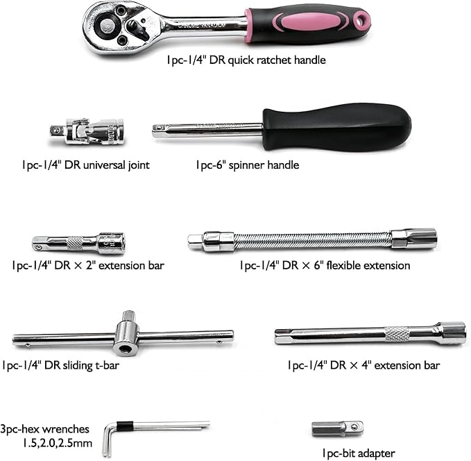 Egofine 46 Pieces 1/4 inch Drive Socket Ratchet Wrench Set, with Bit Socket Set Metric and Extension Bar for Auto Repairing and Household, with Pink Storage Case