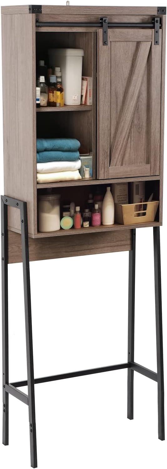 Over The Toilet Storage Cabinet, Behind Toilet Bathroom Organizer with Adjustable Shelves, Above Toilet Organizers with Barn Door, Space Saver for Restroom, Bathroom, Laundry, Grey