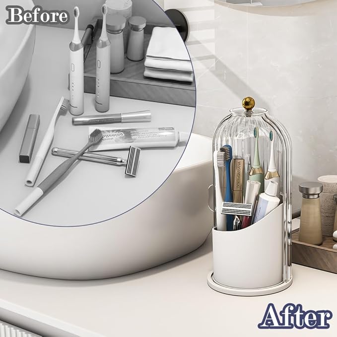 Toothbrush and Toothpaste Holders with Cover, Transparent | Waterproof and Dustproof, 360° Rotating Base, Smooth Sliding Door, 3 Slots, for Bathroom Countertop
