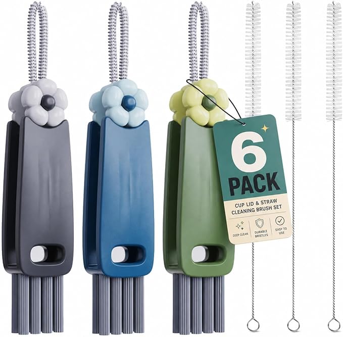 6 Pack Cup Lid Cleaning Brush Set with 3 Straws, Multifunctional Bottle Brush, Cup Lid Gap Cleaner, Durable Bristle Crevice Cleaning Brush,Flat End Brushes