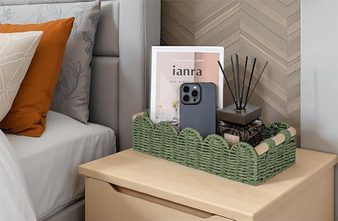 CubesLand Toilet Paper Storage Basket, Scalloped Edge Shelves Basket for Organizing for Over Toilet Tank Storage, Home Decor Baskets for Shelf, Countertop, Living Room, Bedroom, Handwoven, Green