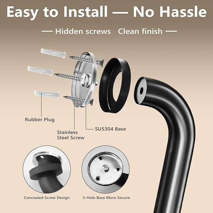 Safety Handle Bar Iron Outdoor Deck Rail Banister Bath Shower Grab Indoor & Outdoor Deck Hand Rail 500LBS Load Capacity Wall Mount Stainless Steel 2 Pack